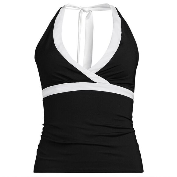Land's End plus standard Tankini top V neck halter adjust black white trim Var - Picture 1 of 4